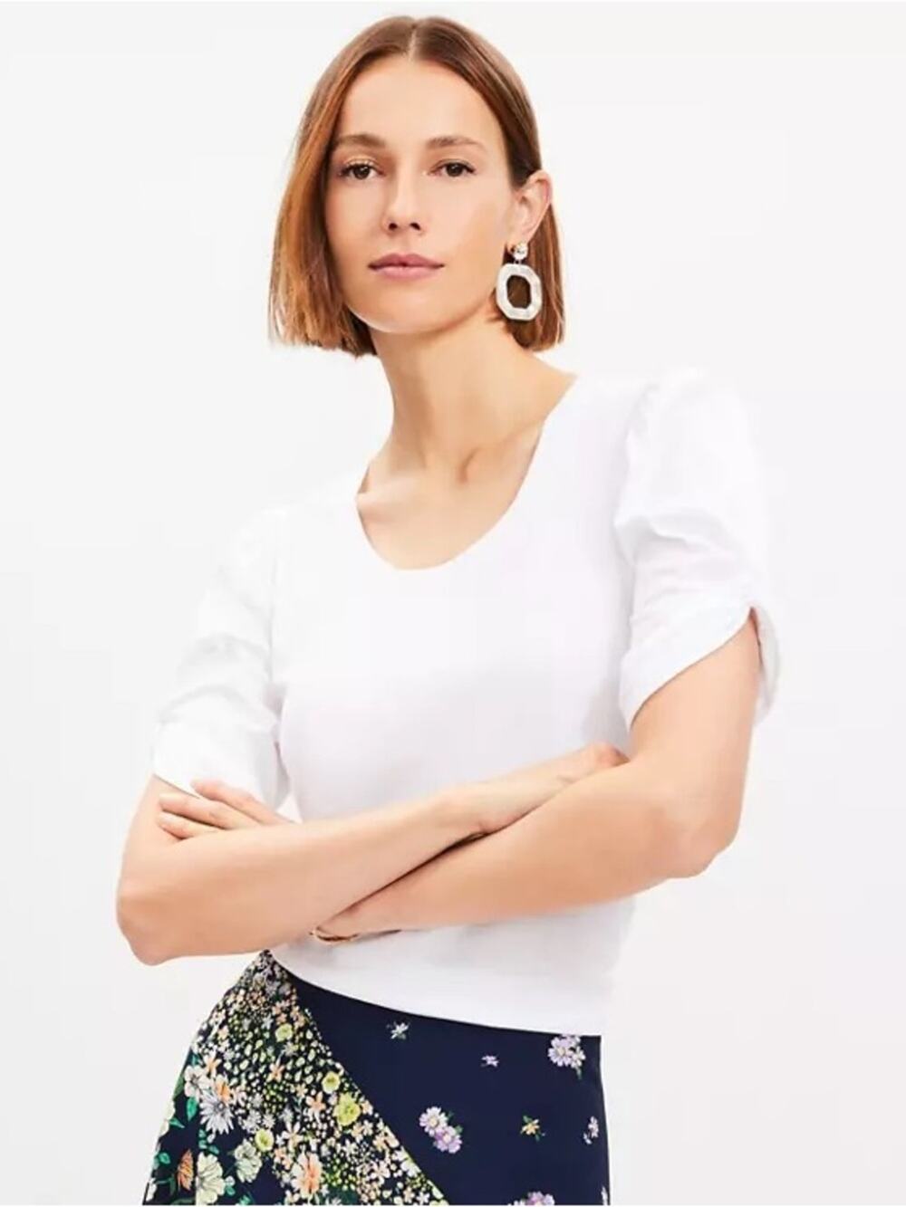 NEW LOFT 100% Cotton Puff Sleeve Scoop Neck Tee in White - Size XS